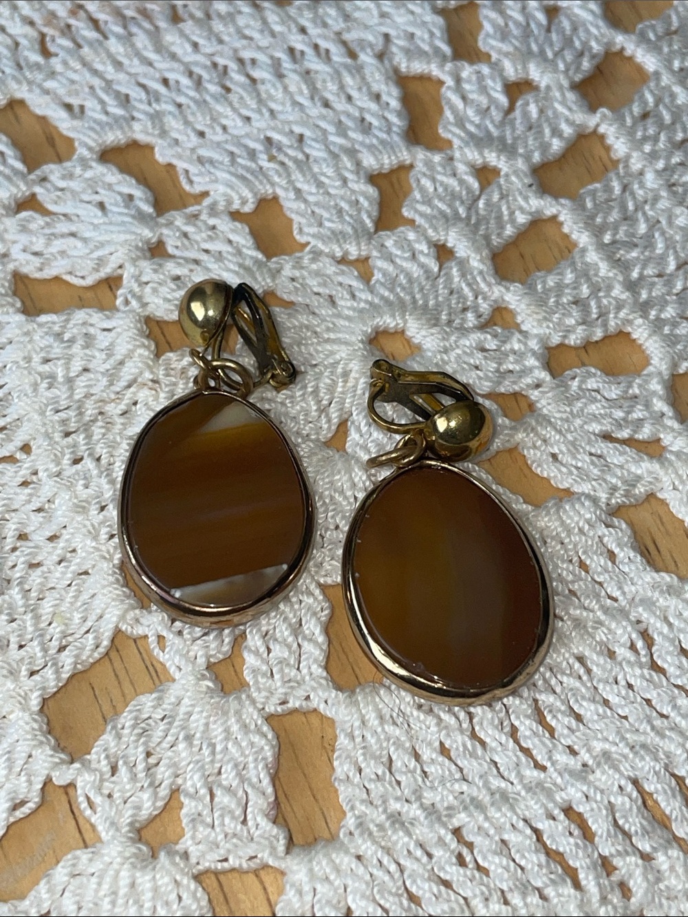 Vintage Gold-Tone Clip-On Earrings with Brown Oval Stones